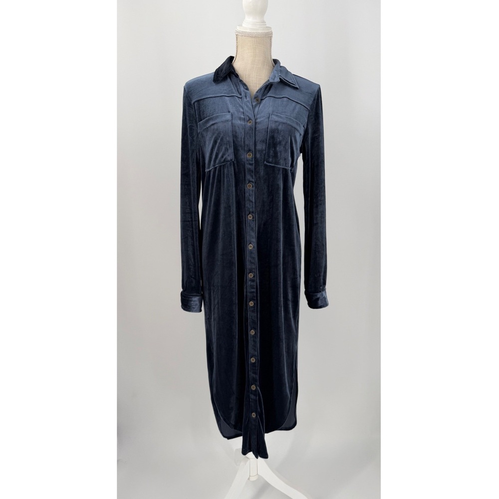 Umgee USA Blue Velvet Button Front Midi Shirt Dress High Low A6806 Small